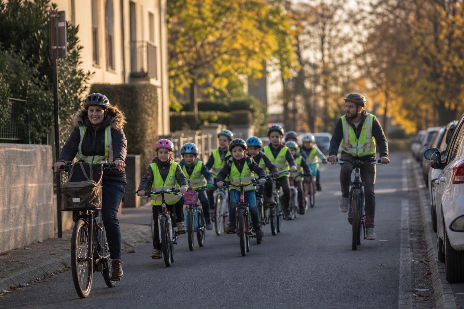 School bike bus: a convoy of children on bikes escorted by two adults on a residential street in late-afternoon light