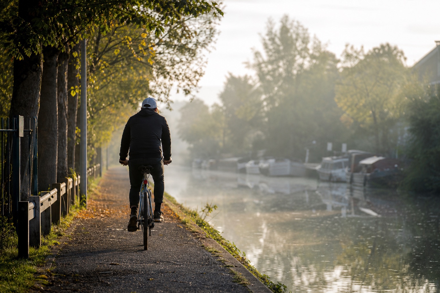 Anonymous cyclist seen from behind, riding at an easy pace along a canal in light morning mist
