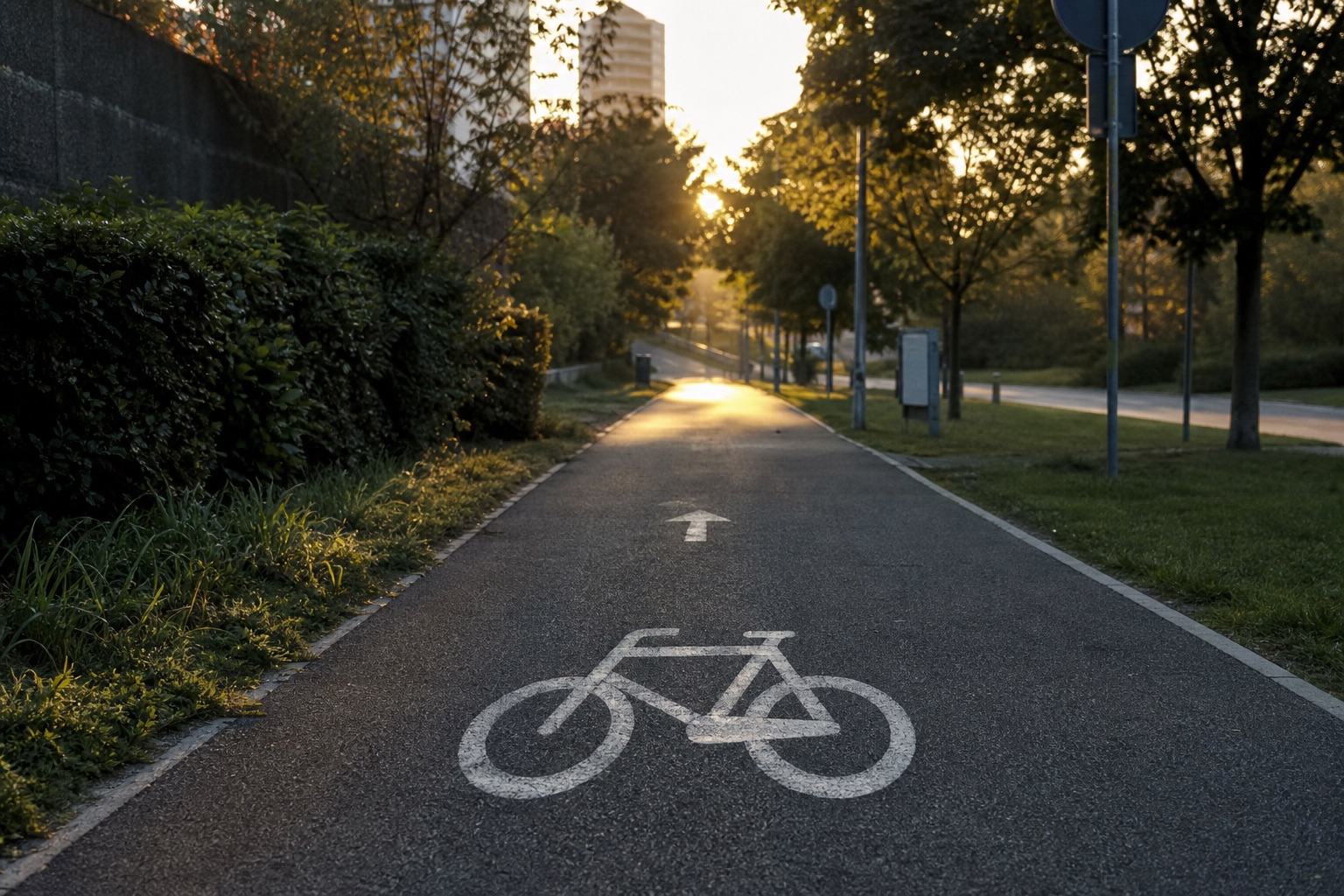 Urban greenway receding into the distance at dawn, white cycle marking on asphalt, calm and empty