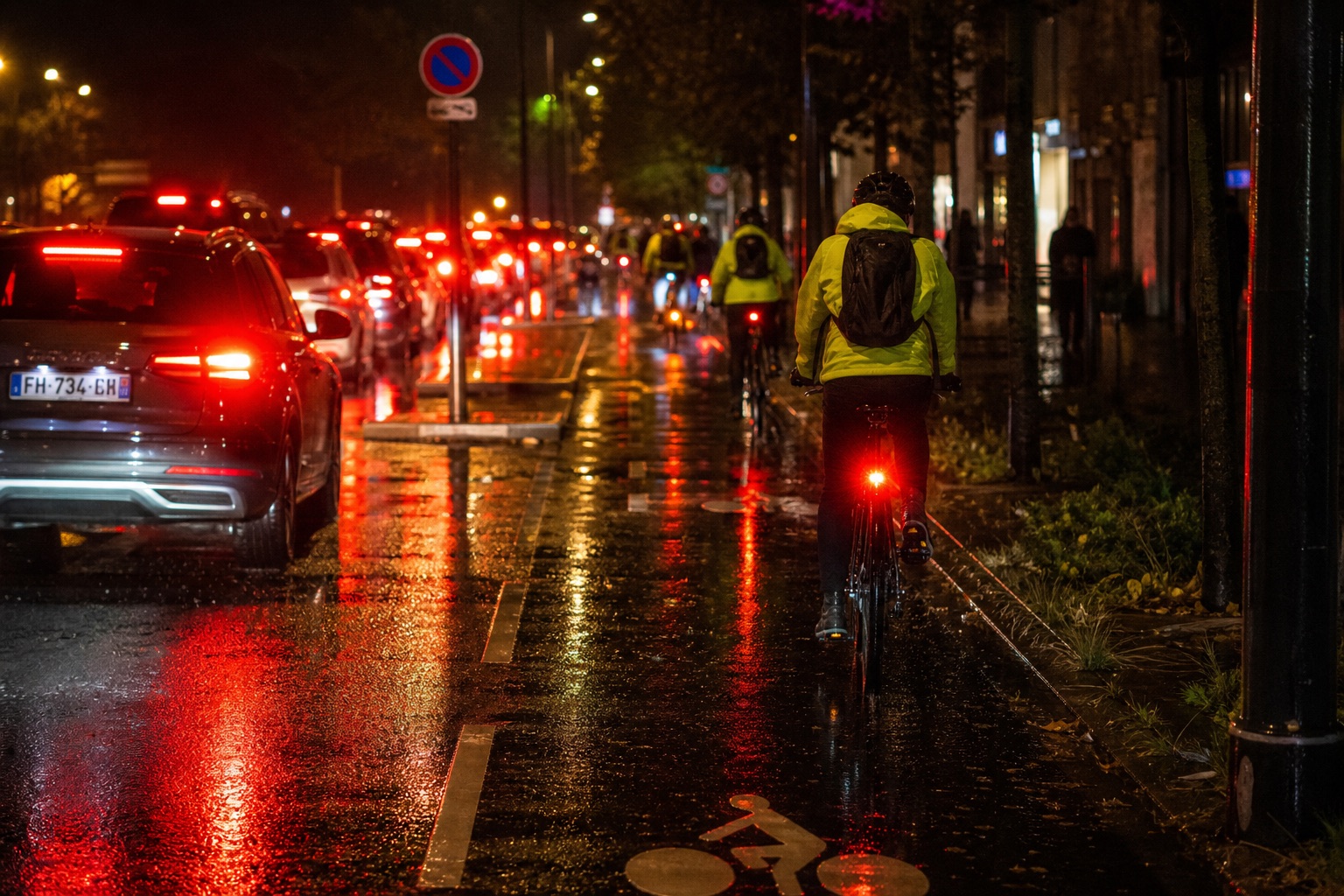 Streaks of red rear lights in a cycle lane under night rain, wet asphalt reflecting the hi-vis yellow of riders